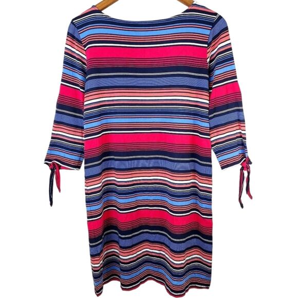 NWOT Cupio Colorful Striped Bodycon Cold Shoulder Dress w/ Tie Sleeves Sz M - Picture 10 of 13